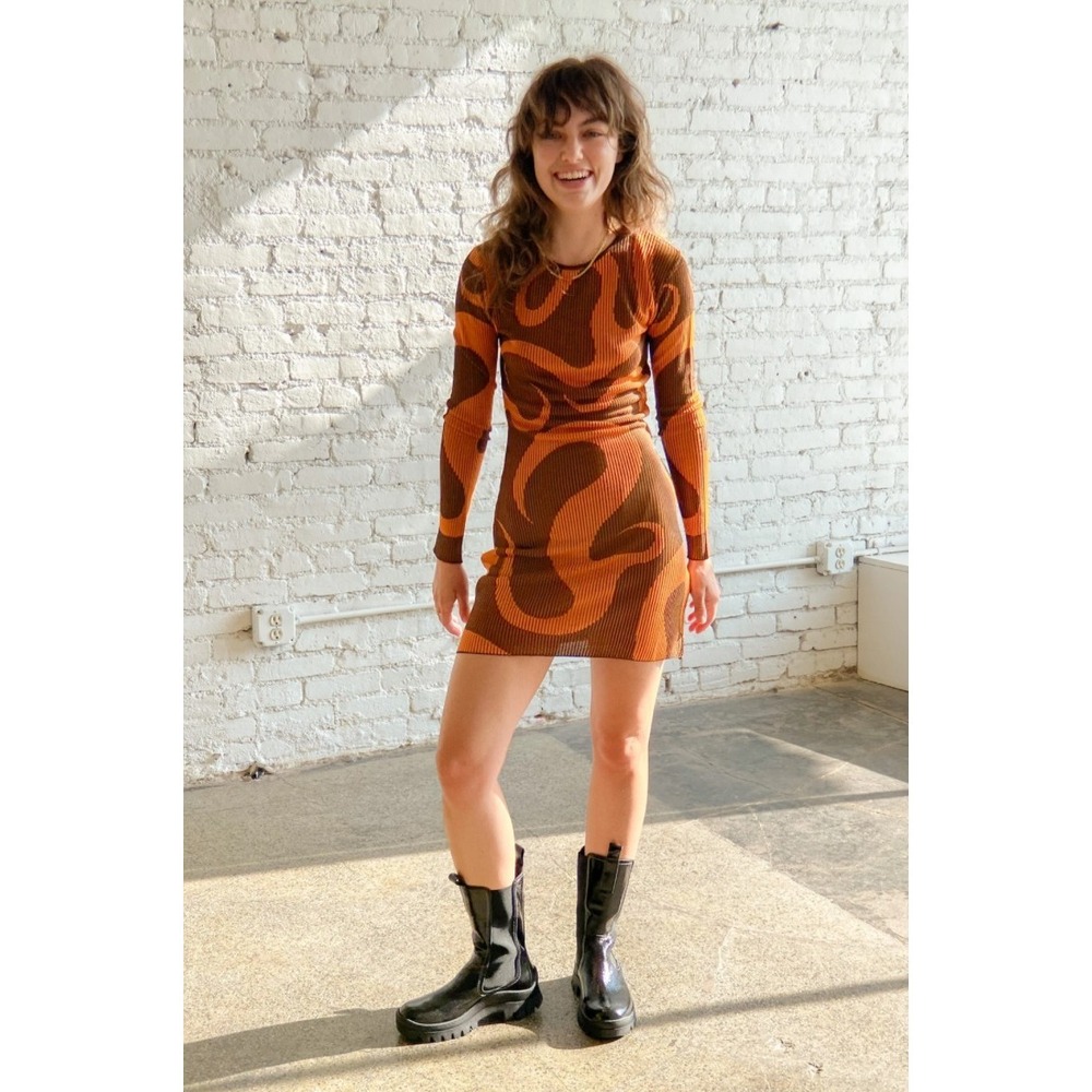 Paloma‎ Wool Hielo Dress L Brown Orange Bodycon Abstract Ribbed Long Sleeve Mini
